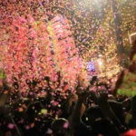 Cheering crowd covered in a dense explosion of pink confetti.