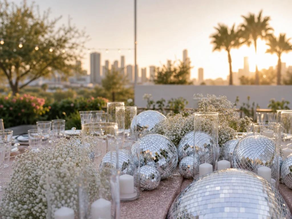 Outdoor table centrepiece with mirror balls