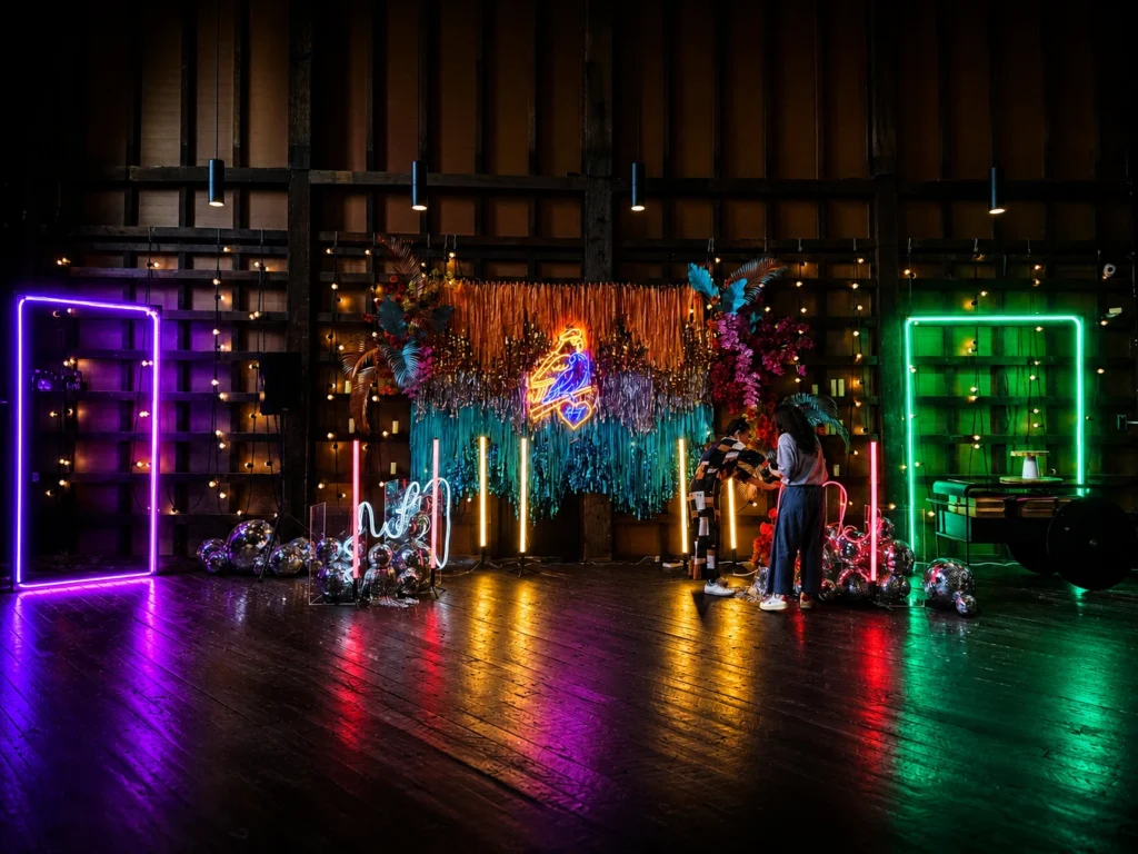 Stage setup with colorful neon lights