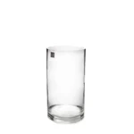 Medium clear glass cylinder vase isolated on plain white background.