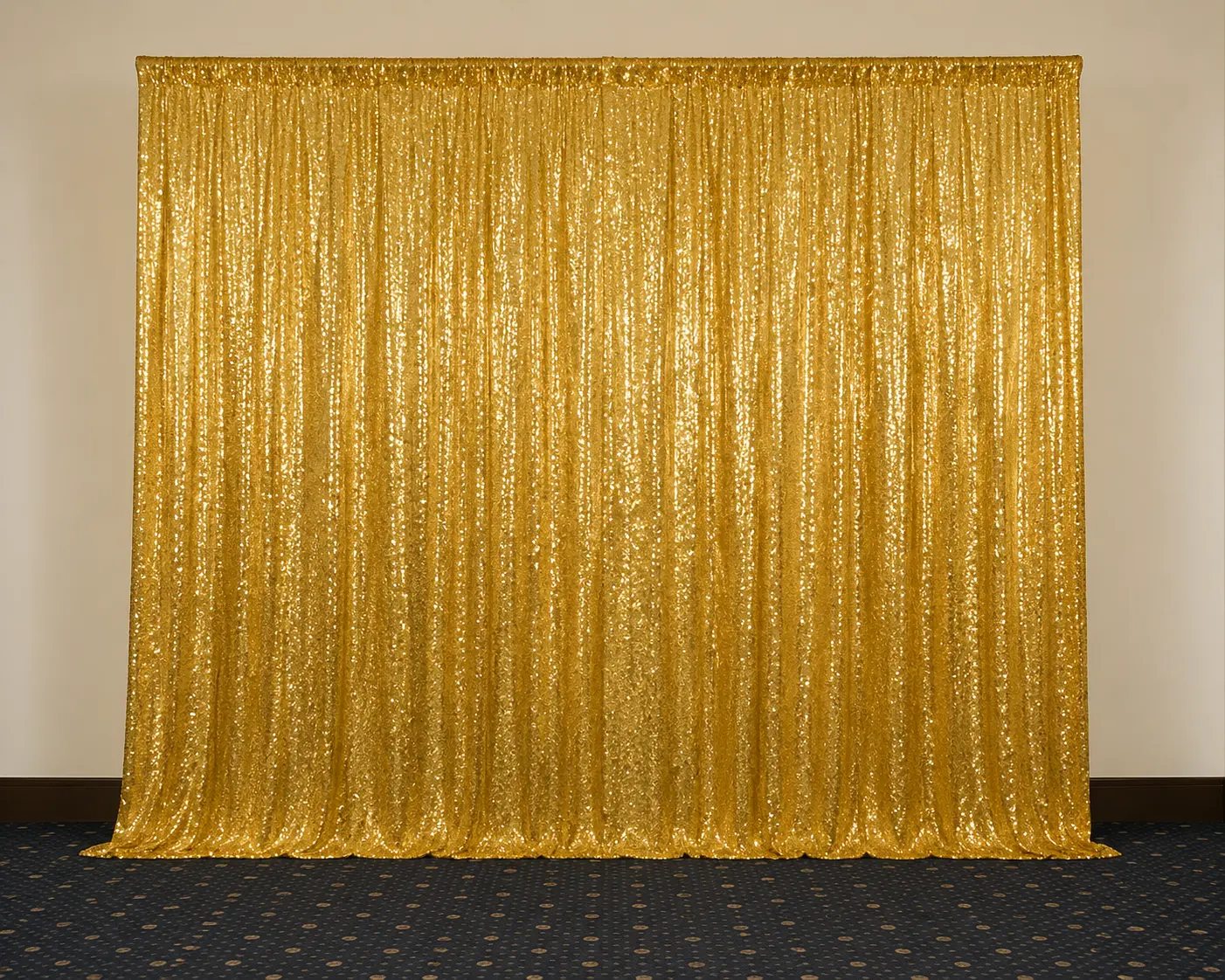Gold tinsel fringe curtain backdrop display hanging on support frame