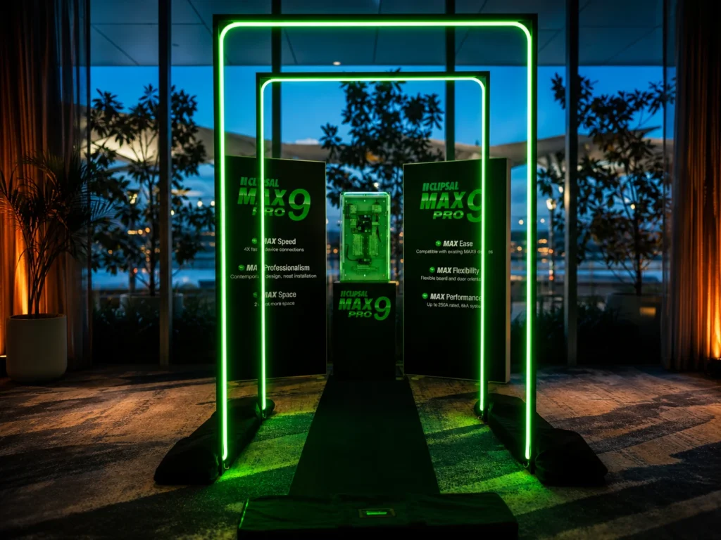 Green neon rectangular archway display structure at entrance