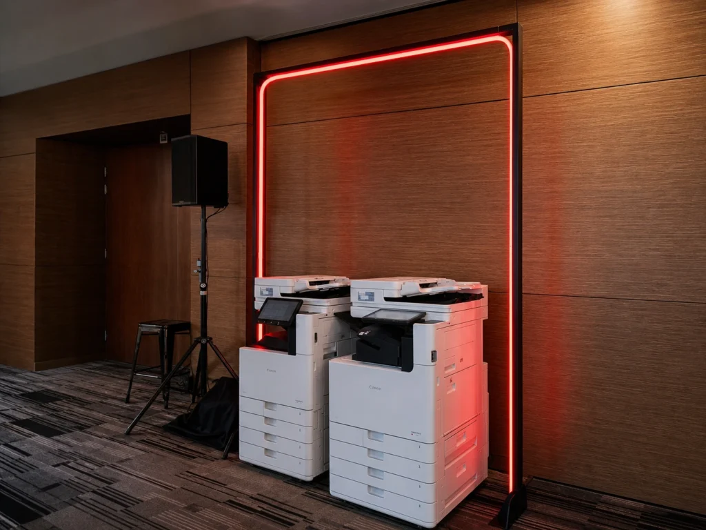 Red neon archway frame framing product display kiosks