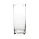 Tall cylindrical clear glass vase isolated on plain white background.