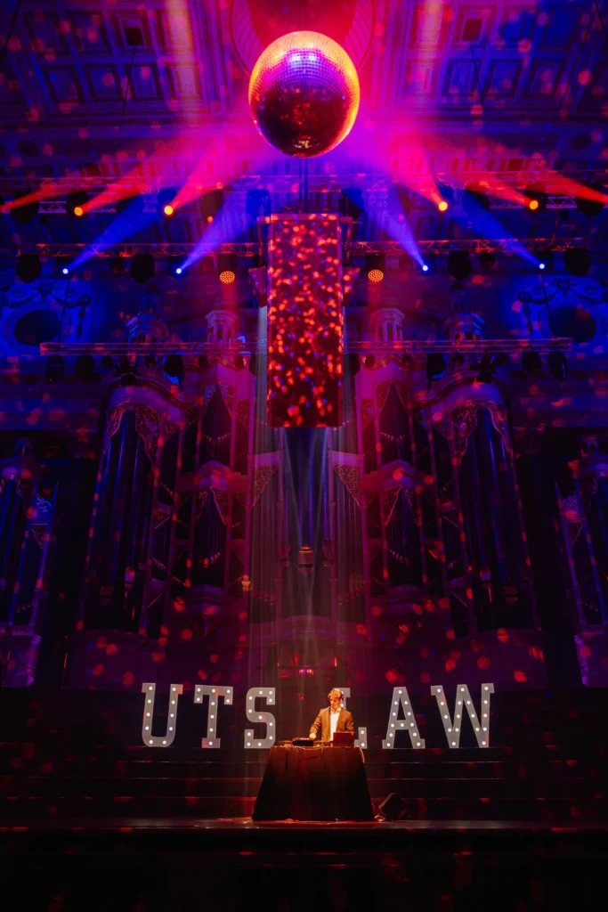Stage lighting set up at UTS Law Ball event venue