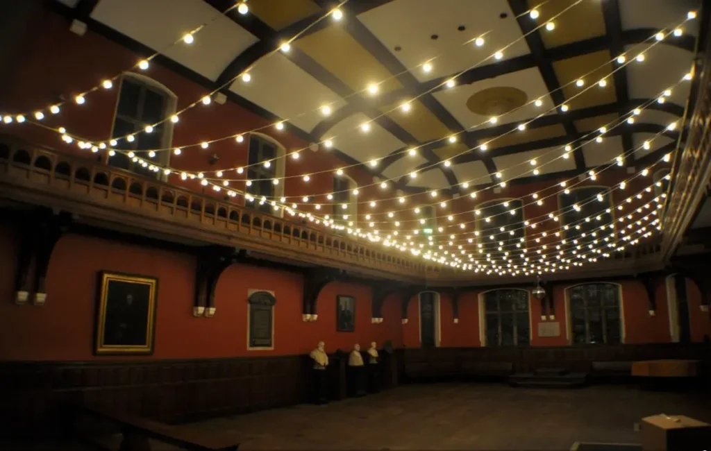 Dense canopy installation of warm festoon lights across ceiling rafters