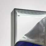 Side view perspective of modern metal event display stand frame.