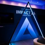 Illuminated blue triangular entrance