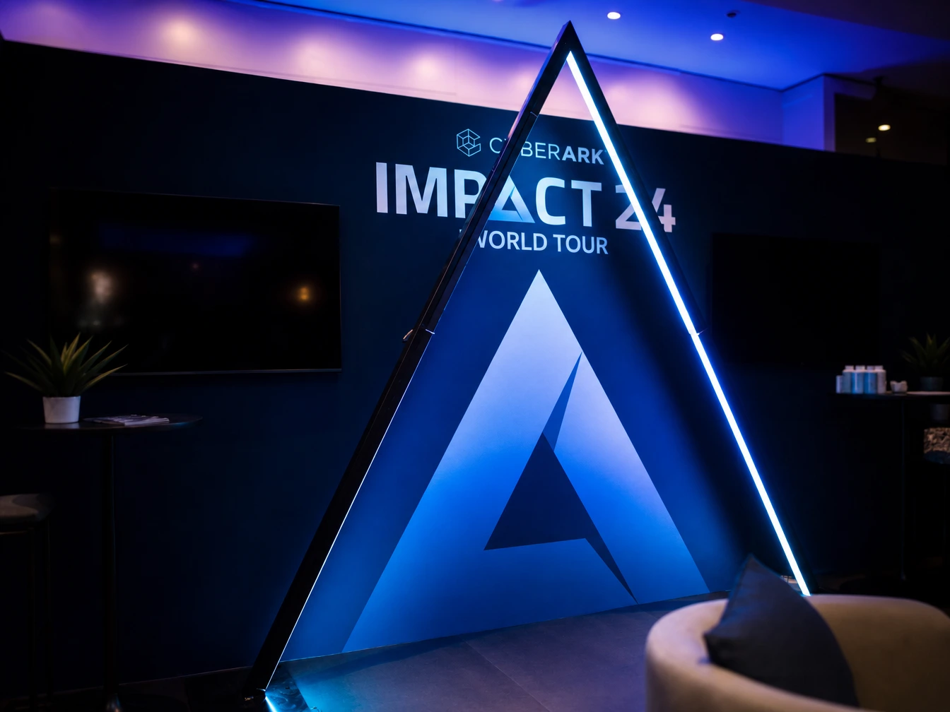 Illuminated blue triangular entrance