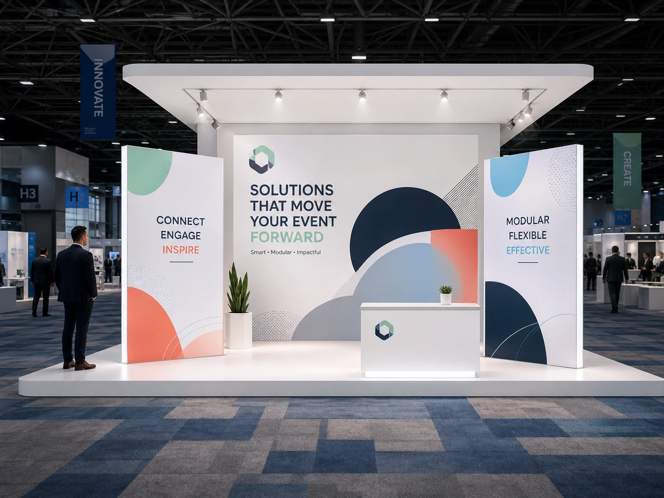Complete corporate tradeshow booth display set up with branded banners.