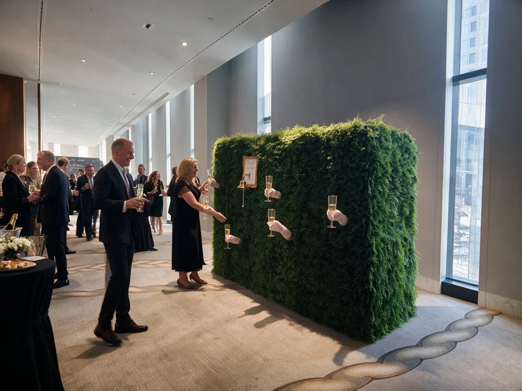 Outdoor green hedge partition walls featuring red floral accent