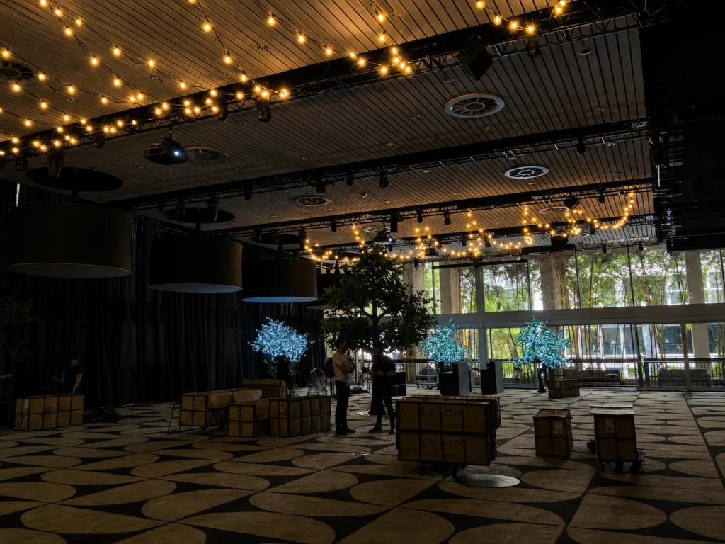 Indoor festoon lighting installation above bar area