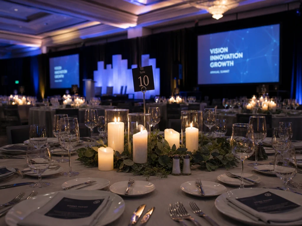 Corporate gala dinner table setup with candles