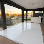 White gloss dance floor installed on a covered patio